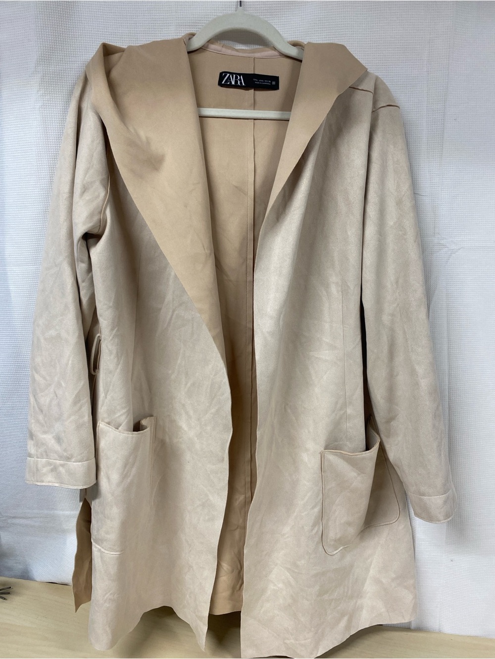 Zara Beige Hooded Coat Women’s Large Open Front Lightweight Jacket